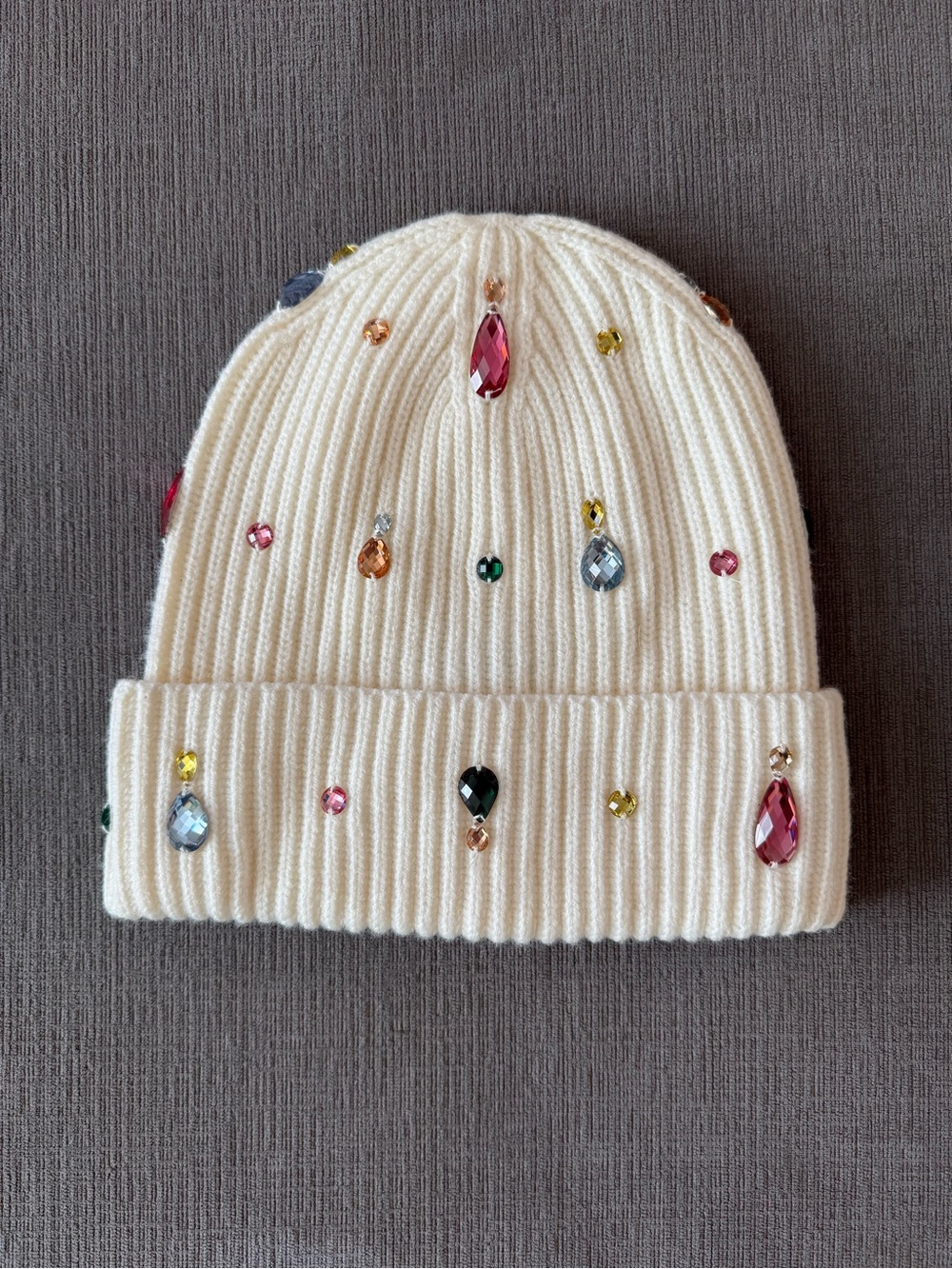 kate spade Cream Knit Beanie with Multicolor Jewel Embellishments
